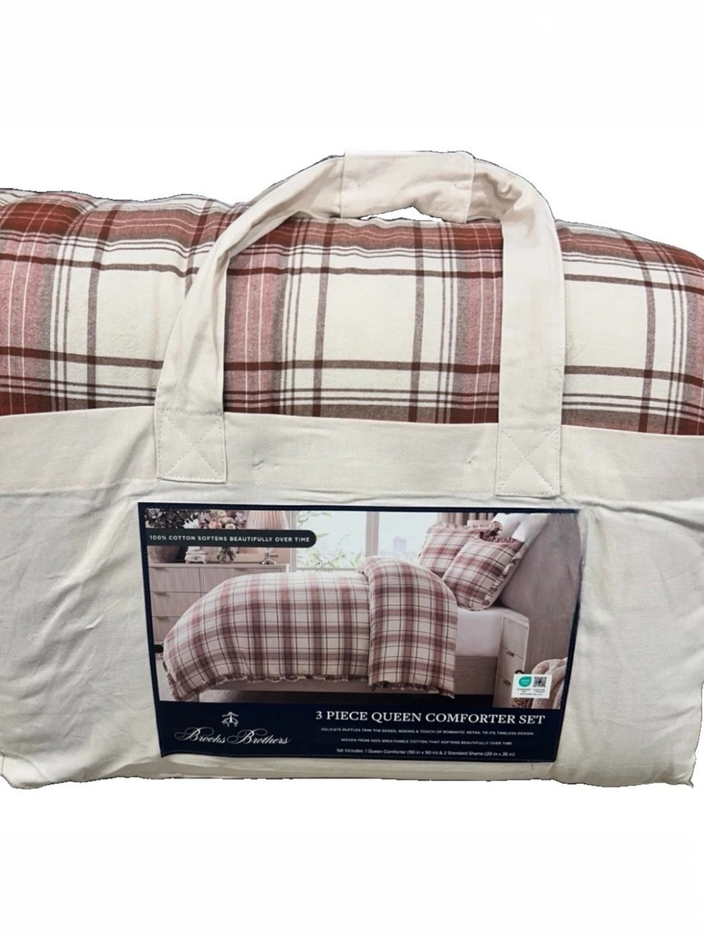 Brooks Brothers Red and Cream Cotton Plaid Queen Comforter Set 90”x90”
